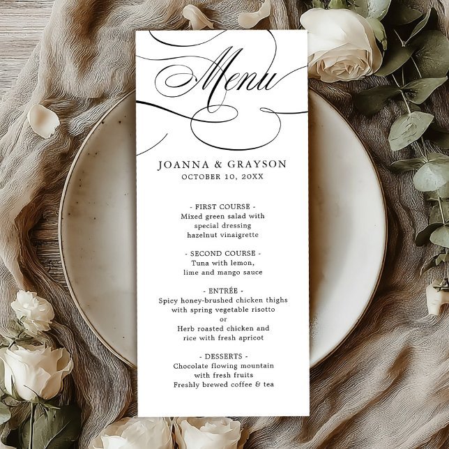 Menu Calligraphie moderne mariage noir blanc intemporel (Modern calligraphy timeless black white wedding menu)