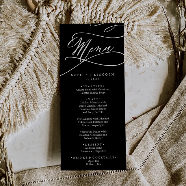 Menu Calligraphie romantique | Dîner Mariage noir foncé (Créateur téléchargé)