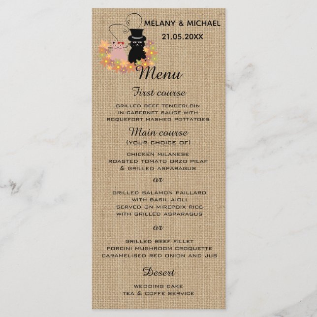 Menu Caricature florale drôle chats en amour burlap car (Devant)