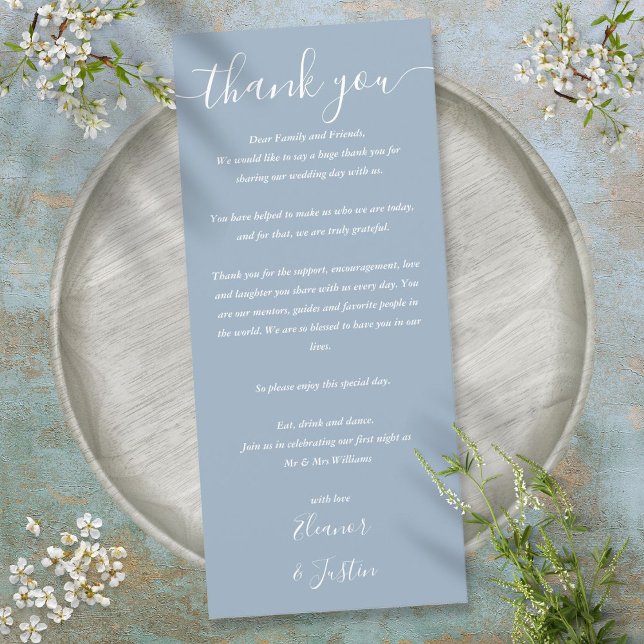 Menu Carton de table remerciement Dusty Blue pour récep (Wedding Reception Thank You Dusty Blue Place Card)