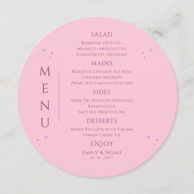 Menu Céleste rose violet soleil Lune étoiles Mariage (Devant)