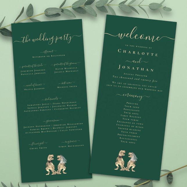 Menu Cérémonie de mariage sur le thème des dinosaures P (Dinosaur wedding menu card Funny T-Rex bride and groom elegant modern script dark green )