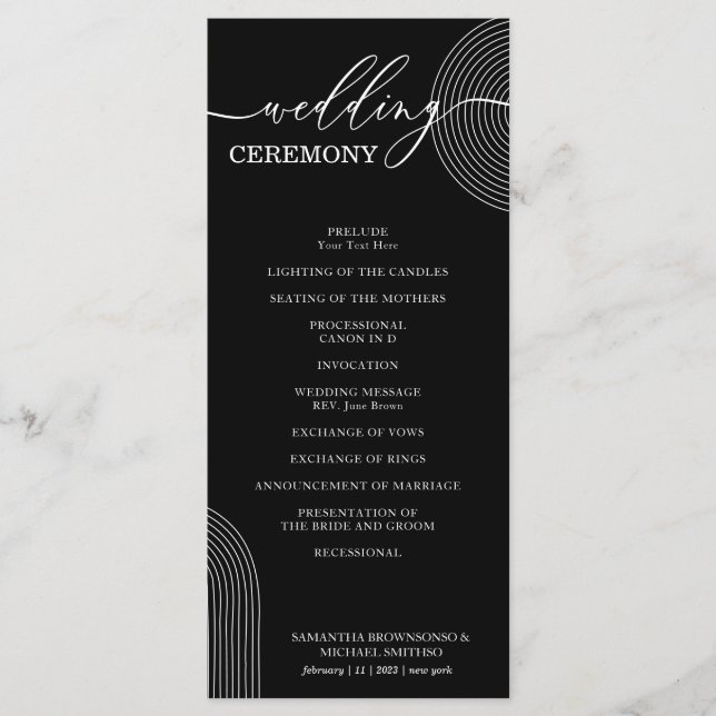 Menu Cérémonie du Mariage géométrique noir et blanc (Devant)