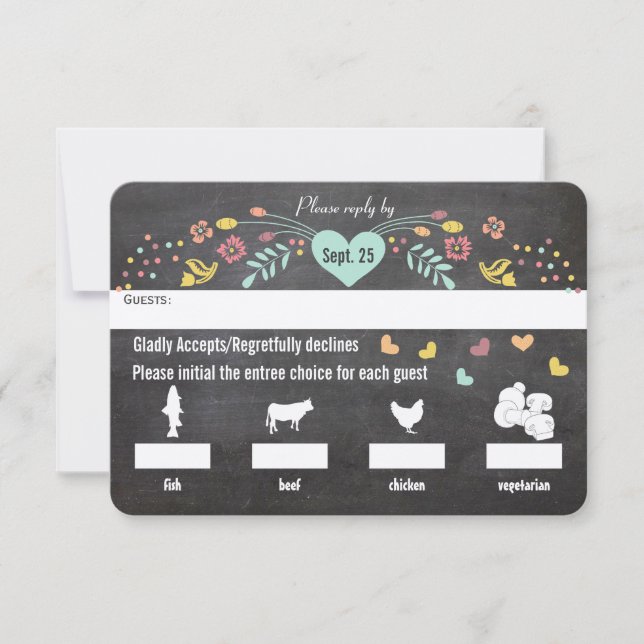 Menu Chalkboard Choix Floral Coeurs Mariage RSVP (Devant)