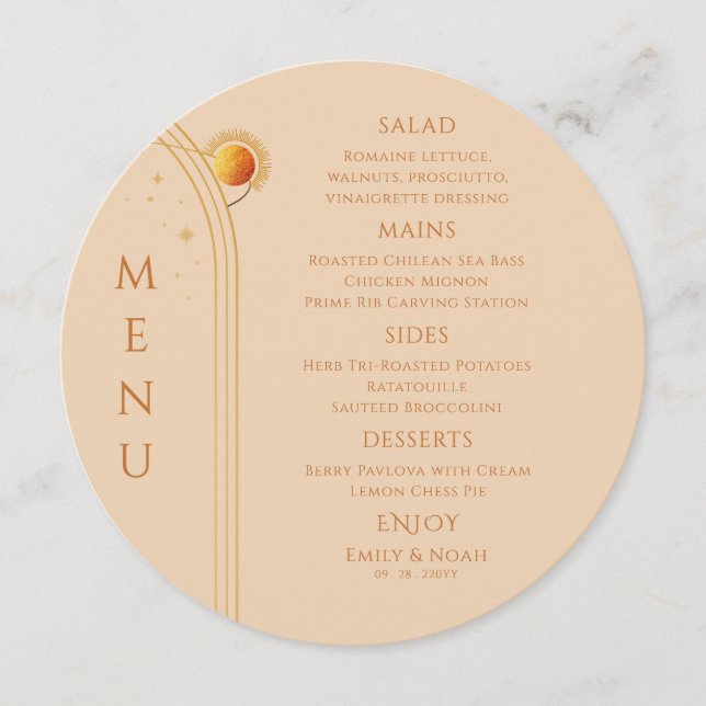 Menu Champagne céleste Gold Sun Moon Stars Mariage (Devant)