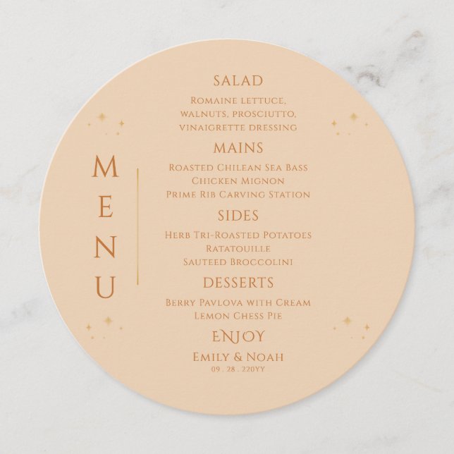Menu Champagne céleste Gold Sun Moon Stars Mariage (Devant)