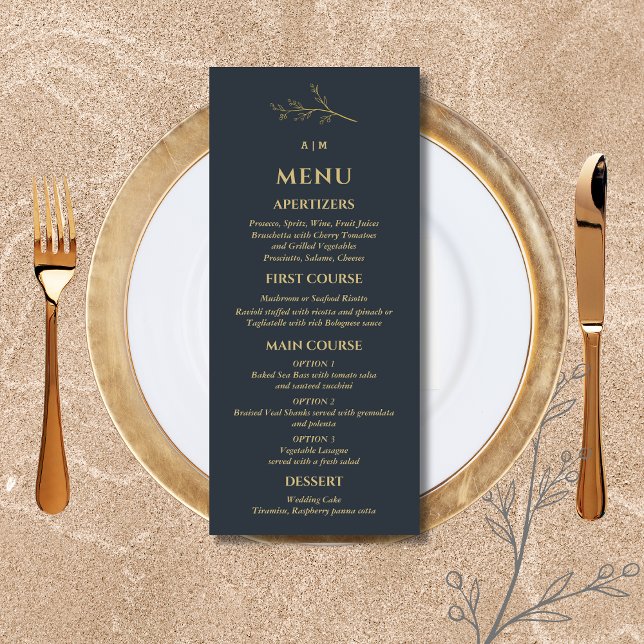 Menu Charcoal Monogram Botanical Minimalist Wedding (Créateur téléchargé)