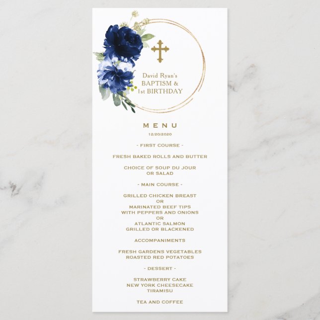 Menu Charm Navy Blue Floral 1er Anniversaire & Baptême (Devant)