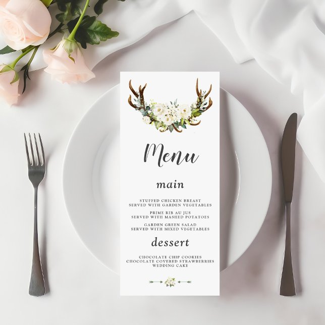 Menu Charme Blanc Fleurs crème Antlers Mariage (Créateur téléchargé)