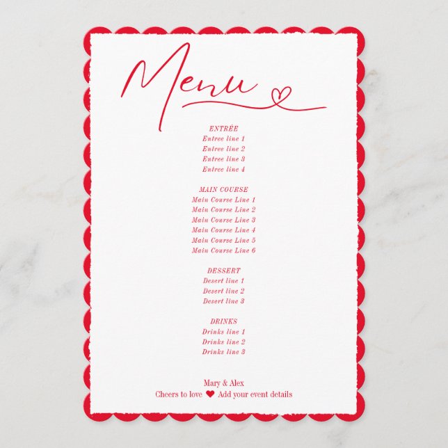 Menu Cheers To Love Simple Red Heart Script Mariage (Devant)