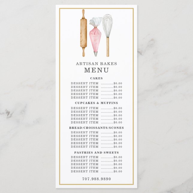 Menu Chef Pâtissier Boulangerie Aquarelle Ustensiles de (Devant)