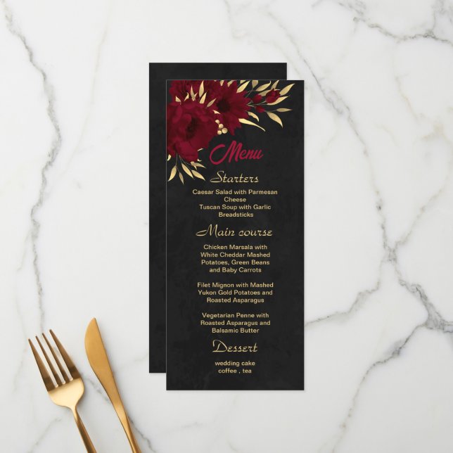 Menu Chic bordeaux et or noir mariage (Devant/Arrière en situation)