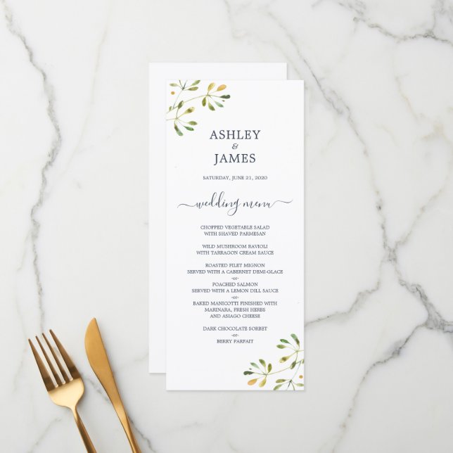 Menu Chic Eucalyptus Foliage Bleu foncé Mariage Script (Devant/Arrière en situation)