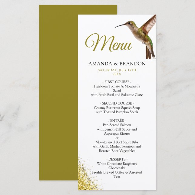 Menu Chic Green Hummingbird et Gold Dust Mariage (Devant / Derrière)
