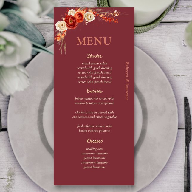 Menu Chic mariage à fleurs orange terre cuite d'automne (Créateur téléchargé)