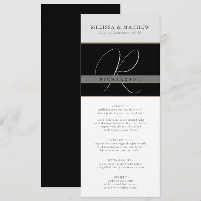 Menu Chic Monogram Charcoal Black Grey Blanc Mariage (Devant / Derrière)