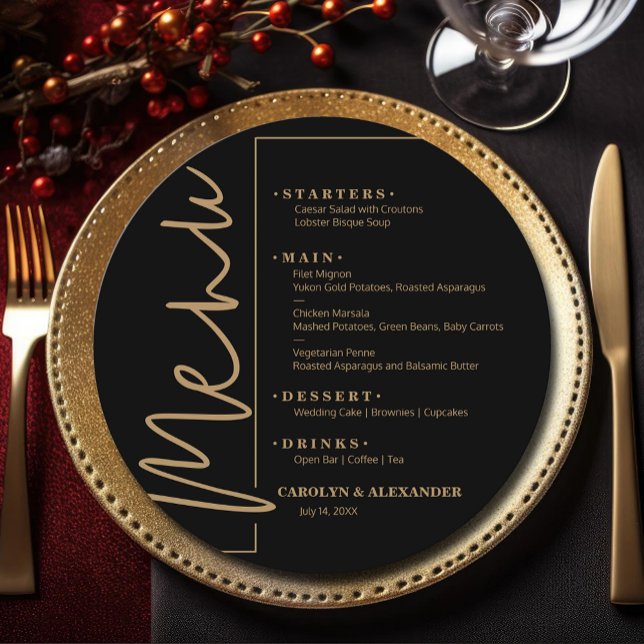 Menu Chic Rond Noir et Or (Chic Black and Gold Round Menus)