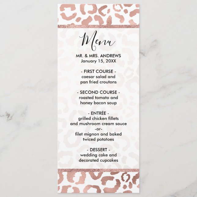 Menu Chic Rose Gold Leopard Cheetah Poster de animal (Devant)