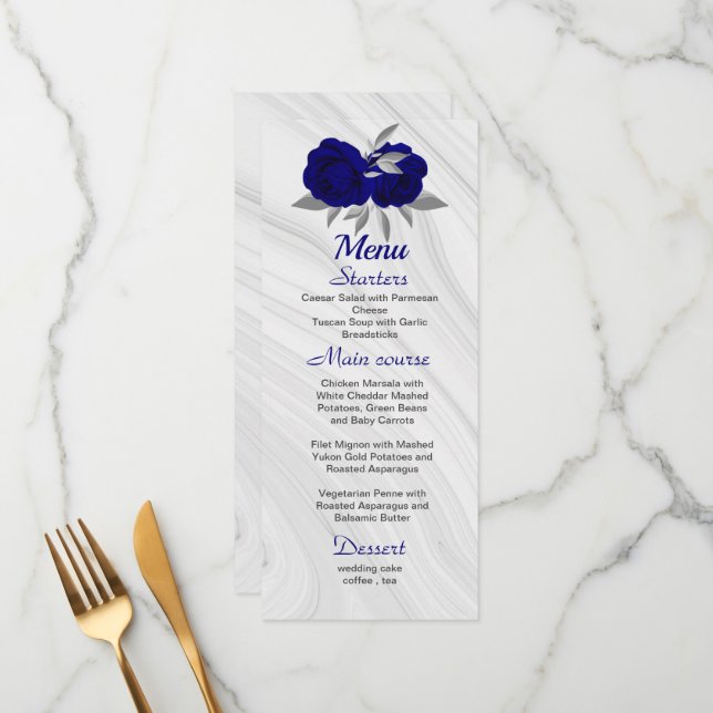 Menu chic royal bleu gris argenté mariage (Devant/Arrière en situation)