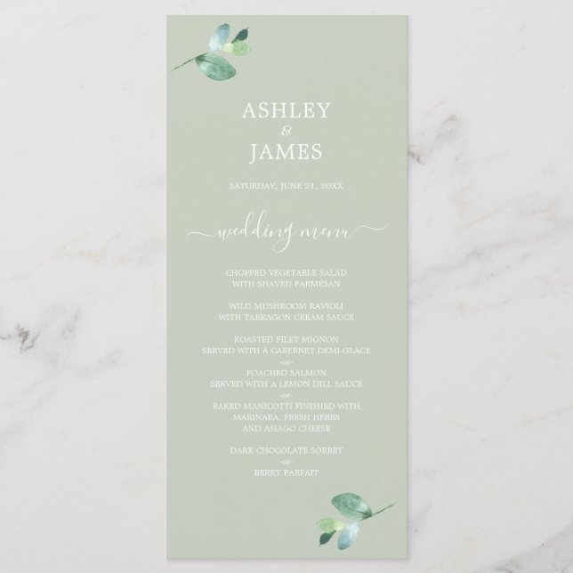 Menu Chic Script Eucalyptus Foliage Mariage vert (Devant)