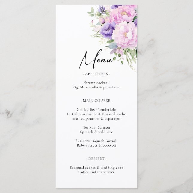 Menu Chic violet lavande rose violet Mariage floral (Devant)