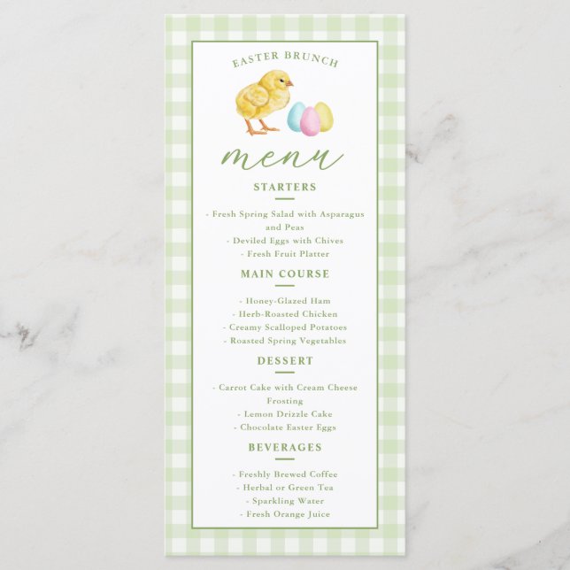 Menu Chick And Pastel Eggs Green Gingham Easter Brunch (Devant)