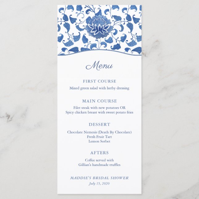 Menu Chinoiserie Chic Wedding shower Bleu Et Blanc (Devant)