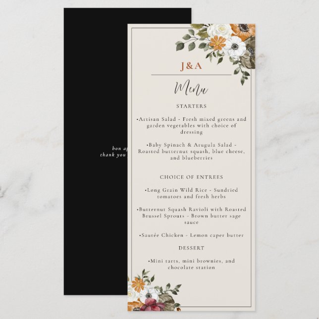 Menu Chute Floral Monogramme Mariage Aquarelle Noire (Devant / Derrière)