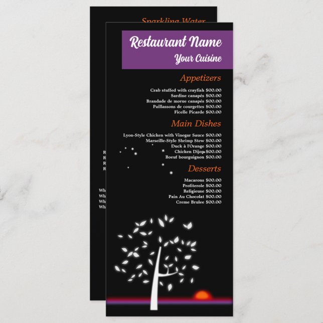 Menu Ciel de Nuit Soleil, Restaurant Mince (Devant / Derrière)