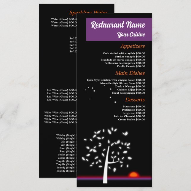 Menu Ciel de Nuit Soleil, Restaurant Slimline (Devant / Derrière)