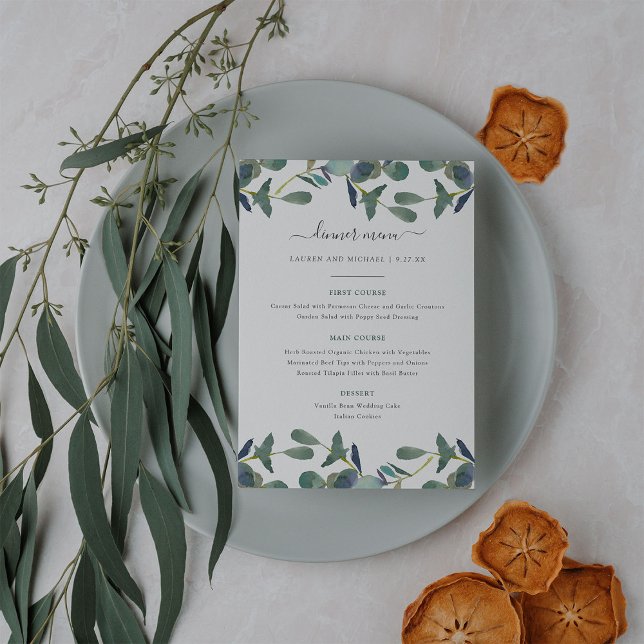 Menu Cimier d'Eucalyptus | Mariage d'aquarelle Feuille  (Créateur téléchargé)