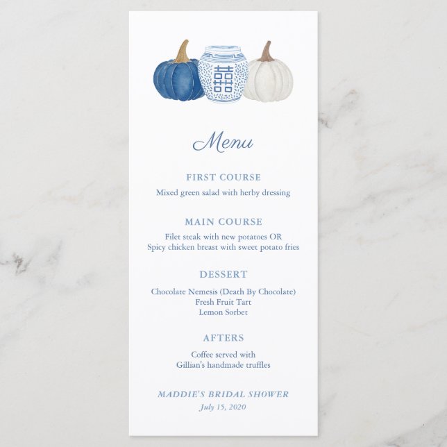Menu Citrouilles en chinoiserie bleue et blanche pour u (Devant)