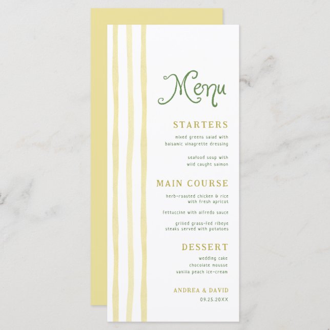 Menu Citrus Yellow Stripe Handwriting Summer Wedding (Devant / Derrière)