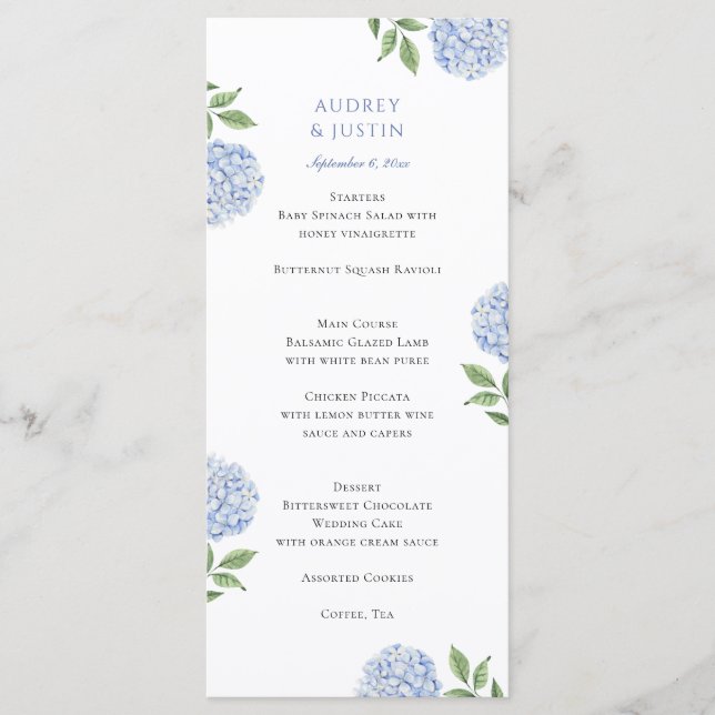 Menu Classic Blue Hydrangea Wedding Dinner (Devant)