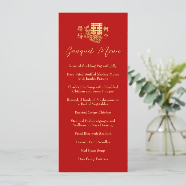 Menu Classic élégant banquet chinois mariage rouge flor (Debout devant)