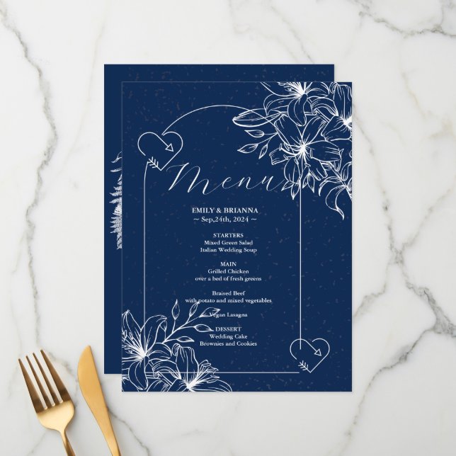 Menu Classic Elegant mariage bleu marine (Devant/Arrière en situation)