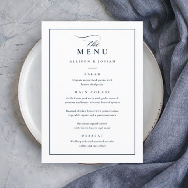 Menu Classic Elegant Marine Bleu et Mariage blanc (Elegant Navy Blue and White Wedding Menu.)