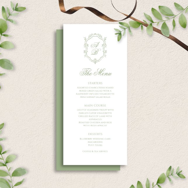 Menu Classic Sage Green Floral Monogram Crest Wedding (Créateur téléchargé)