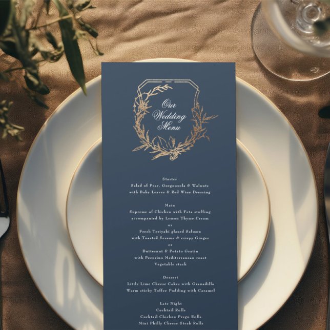 Menu classique marine or botanique motif crest Mariage (Créateur téléchargé)