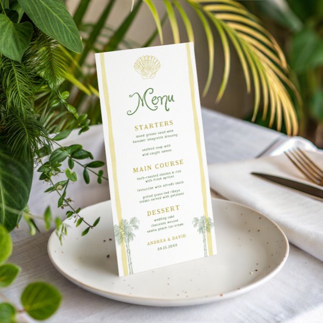 Menu Coastal Yellow Stripes Seashell Palm Tree Wedding (Créateur téléchargé)