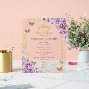 Menu Cocktail Lilac Floral Quinceanera Bar