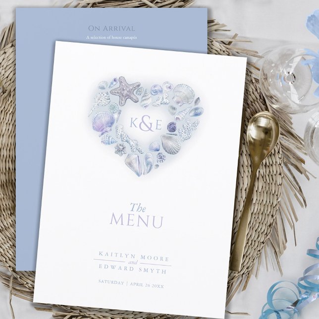 Menu Coeur de coquillages monogramme aquarelle mariage  (Créateur téléchargé)