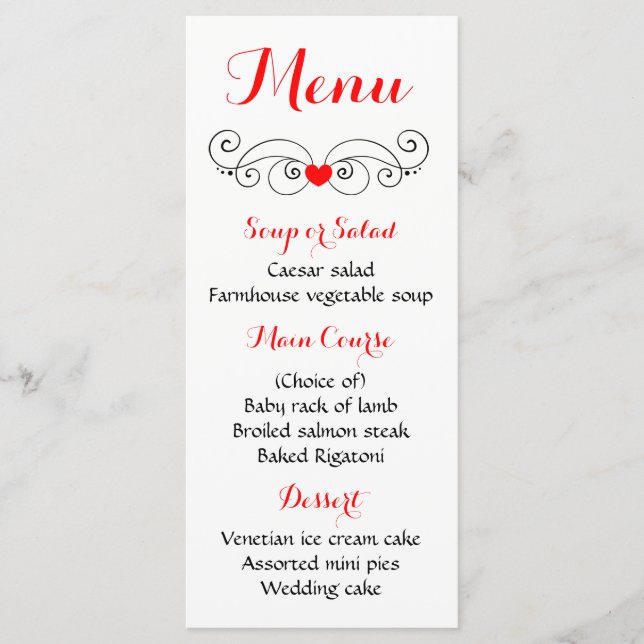 Menu Coeur Rouge et Noir Amour - Mariage (Devant)