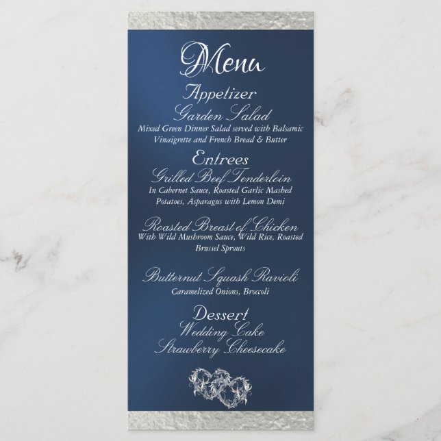 Menu Coeurs et monogramme - Mariage bleu/argent (Devant)