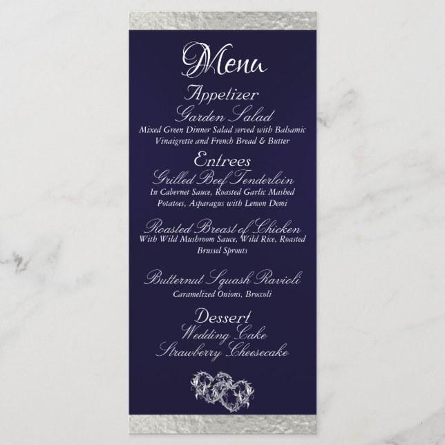Menu Coeurs et monogramme - Mariage bleu/argent de la M (Devant)