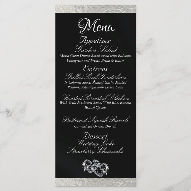 Menu Coeurs et monogramme - Mariage noir/argent (Devant)