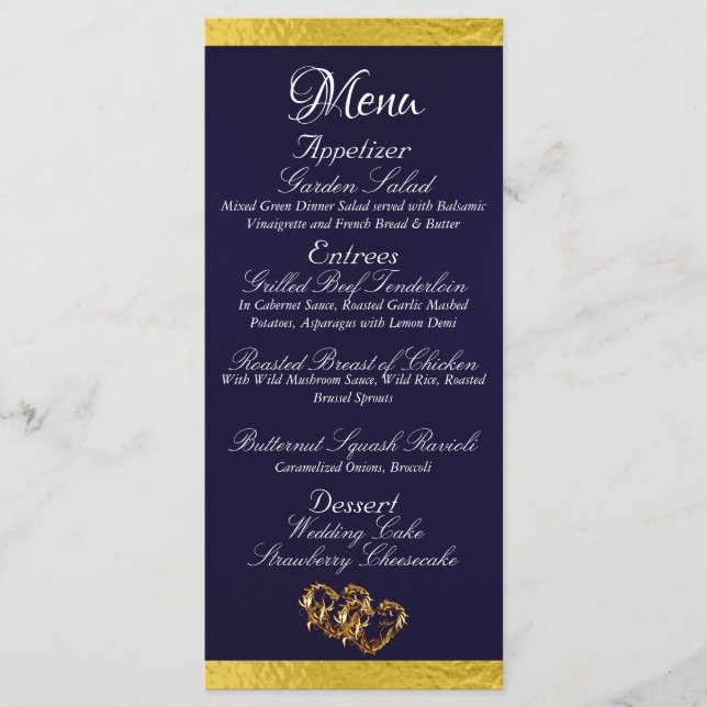 Menu Coeurs et monogrammes - Mariage bleu/or de la Mari (Devant)
