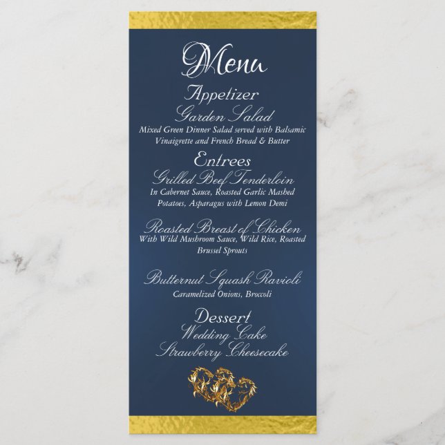 Menu Coeurs & Monogramme - Mariage bleu/or (Devant)