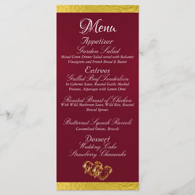 Menu Coeurs & Monogramme - Mariage Bourgogne/Or (Devant)