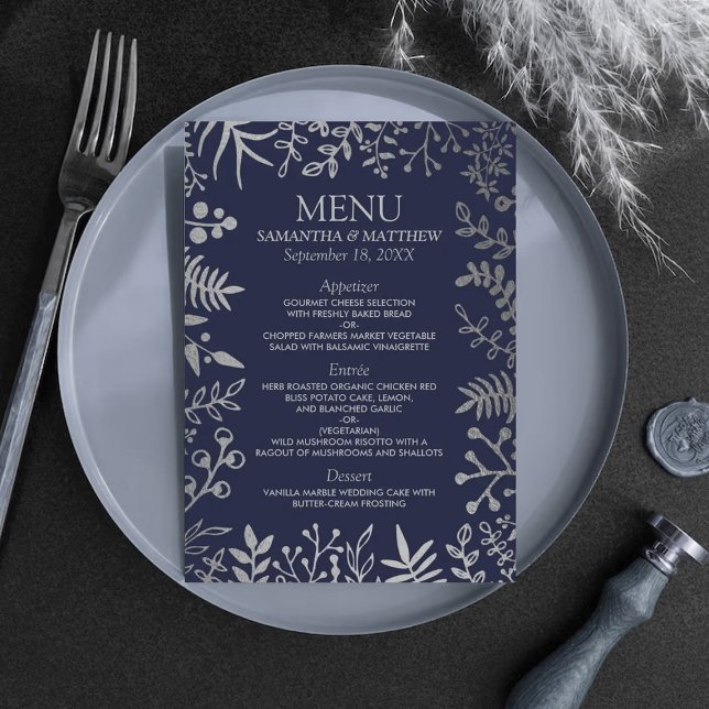 Menu Collection de Mariages floraux en argent et marine (Créateur téléchargé)